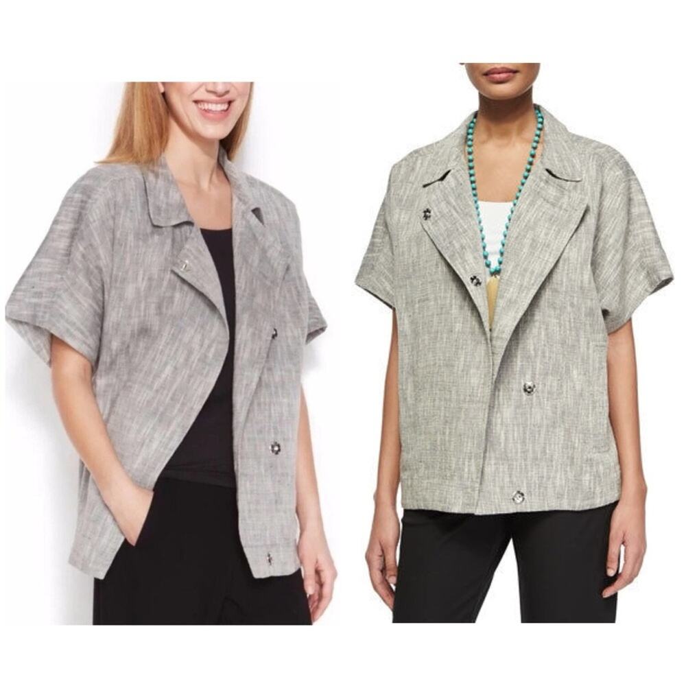Eileen Fisher Gray Heather Snap Linen Blend Boxy lightweight Jacket Size L
